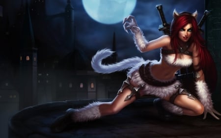 Katarina - moon, woman, tail, redhead, cat, girl, fantasy, white, fox, ears, game, league of legends, katarina