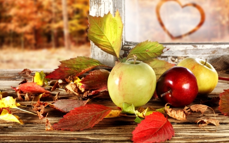 Apples - apple, red, sweet, wood, dessert, fruit, heart, leaf, food, autumn, green