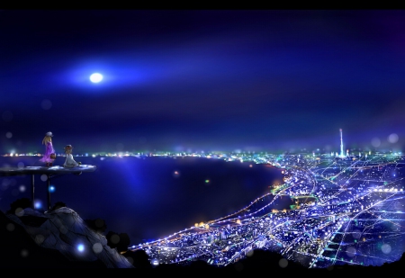 Night City - pretty, anime, usami renko, female, scenery, town, landscape, scene, night, light, touhou, hd, nice, sky, moon, anime girl, realistic, beautiful, girl, sea, city, scenic, beauty, lovely, cityscape, sweet, ocean, moonlight, cg, maribel hearn