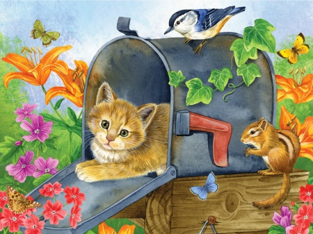 Waiting for the mail - fun, squirrel, animals, joy, greenery, colorful, mailbox, painting, art, mail, pretty, garden, cute, birds, wait, adorable, cat, kitty, summer, lovely, kitten, nature, butterfly, beautiful, sweet, colors, flowers