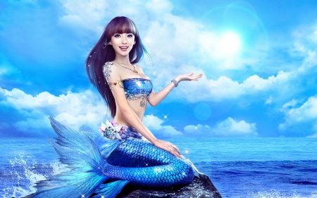 fish girl - sky, sea, asian, blue