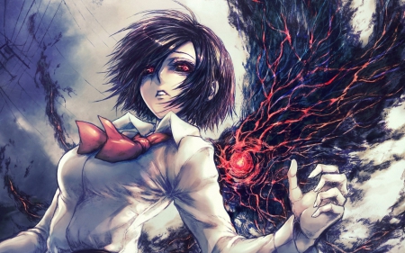 Evil is coming! - pretty, magic, female, ghoul, light, uniform, shourt hair, horror, nice, darck, beauty, darkness, red eyes, dakr, school uniform, manga, lights, wings, cute, sexy, demon, anime, touka kirishima, touka, dark, scary, short hair, red, fire, game, anime girl, beautiful, cool, sweet, black, fantasy, awesome, black hair, tokyo ghoul