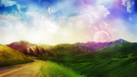 Mountain Road - sky, hills, clouds, mountains, grass, road, planet