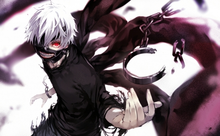 Smiley - ghoul, evil, light, white hair, monster, horror, rghoul, anime boy, darkness, red eyes, dakr, scrary, manga, white, lights, wings, cloths, ken, blood, anime, awesoem, dark, scary, kaneki ken, male, mask, red, game, cool, black, smile, short hait, awesome, tokyo ghoul, smiley