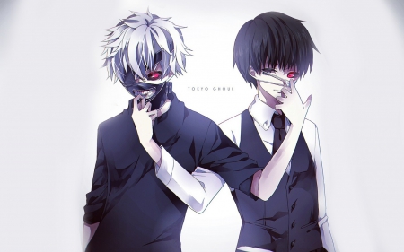 Two sides - ghoul, evil, light, white hair, monster, horror, anime boy, darkness, red eyes, dakr, scrary, manga, white, lights, wings, cloths, ken, blood, anime, awesoem, dark, scary, kaneki ken, male, mask, red, game, logo, simple, cool, black, smile, short hait, awesome, black hair, tokyo ghoul, smiley