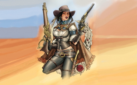 Cowgirl West - style, girls, westerns, women, hats, anime, cowgirls, drawing, guns, art, female