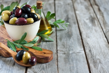 Olives - spoon, olive oil, olives, bowl, wooden, leaves