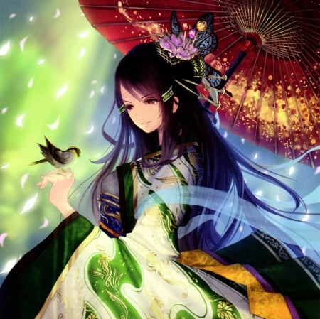 Bahamut - pretty, bird, anime, female, long hair, splendid, oriental, umbrella, gorgeous, hd, nice, anime girl, realistic, beautiful, girl, beauty, kimono, lovely, sweet, yukata, cg, awesome, black hair