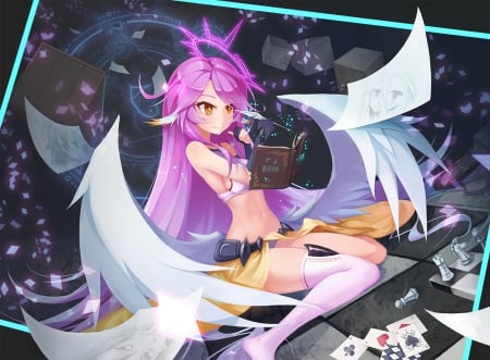 Jibril - beauty, female, angel, hot, wings, anime girl, jibril, book, anime, feather, no game no life, sexy, girl, pink hair, long hair, cg, hd, sheets, wing, beautiful, paper