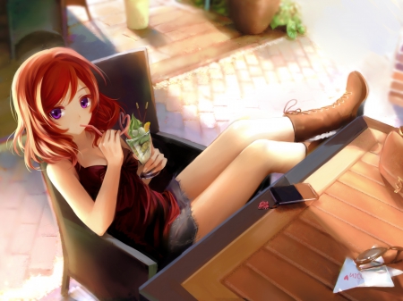 Sundae Break - nice, sitting, beauty, anime girl, brown hair, home, pretty, anime, house, cute, short hair, maiden, sit, lady, drink, girl, lovely, cg, living room, hd, eat, chair, beautiful, sweet