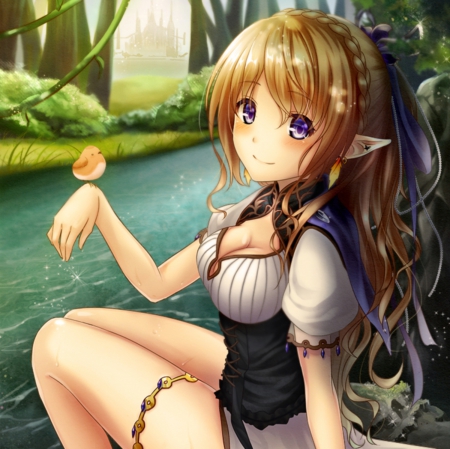 Lil' Birdy - nice, beauty, female, water, stream, anime girl, brown hair, pretty, anime, cute, scene, maiden, lady, girl, long hair, lovely, bird, nature, kawaii, woods, forest, jungle, beautiful, sweet, rive, dress