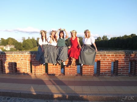 Girls and Venta bridge by sunset. - sunsets, nature, people, bridges