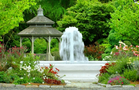 Marvellous garden - greenery, pretty, trees, fountain, summer, amazing, beautiful, forest, lovely, freshness, flowers, marvellous, nature, garden, gazebo, park