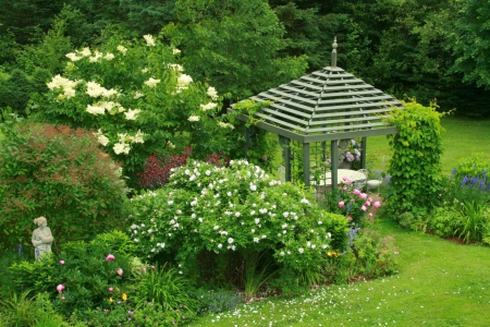 Countryside garden - greenery, relax, trees, summer, beautiful, slope, grass, forest, lovely, rest, countryside, nature, view, garden, gazebo