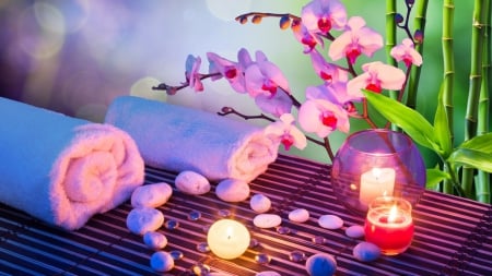 ✫.. Spa..✫ - bamboo towel, spa, candle, orchid, flower, stones