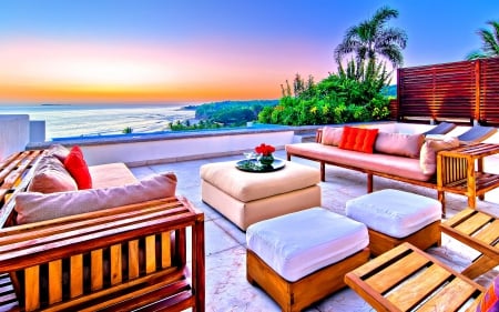 OUTDOOR LOUNGE AT PARADISE BEACH - clouds, spa, beach, evening, splendor, sea, palm, nature, paradise, sky