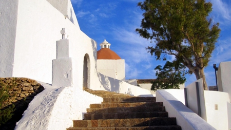 old church on a greek isle - white, staies, tree, sky, chirch