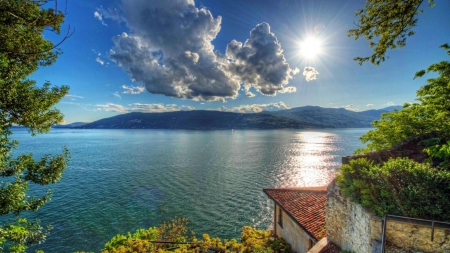 spectacular lake view hdr - clouds, house, shore, view, hdr, sunshine, lake