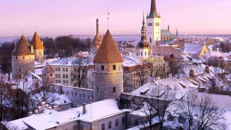 city monastery in winter - monastery, sunshine, winter, city, towers