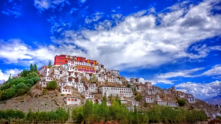 beautiful mountain village in nepal hdr - village, clouds, mpuntain, hdr, temple, sky