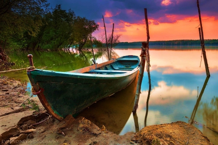 At Danube River, Bulgaria - sky, reflection, clouds, sunset, colors