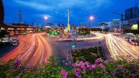 traffic circle in evening at long exposure