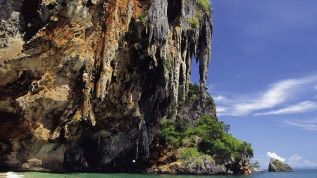 amazing cliff over hat phra nang thailand - people, beach, cliffs, rocks, bay