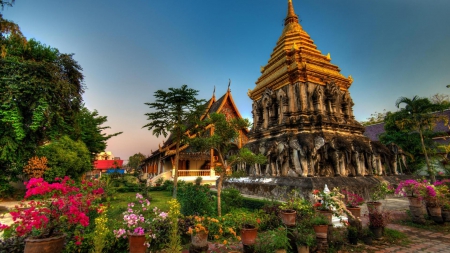 beautiful temple garden hdr - sky, flowers, hdr, temple, garden