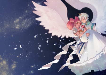 Sailor Moon - princess, sky, usagi, wings, red eyes, chibiusa, carrying, anime, romance, short hair, love, yellow eyes, couple, chibi, helios, pink hair, night, dresss, serenity, sailor moon, small lady, horn, happy, white hair, flower