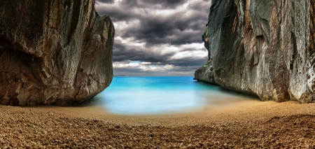 Island Sunset, Cerdegna - beach, italy, water, sunset, rocks, beautiful, clouds, island, sand, sea