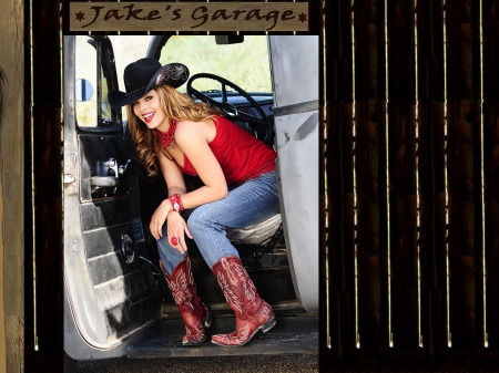 Jake's Garage - girls, famous, women, style, fun, models, westerns, female, fashion, cowgirls, boots, hats, trucks