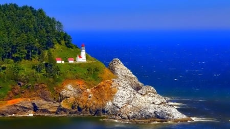 lighthouse on a coastal cliff - hill, lighthouse, cliff, sea, rocks, coast