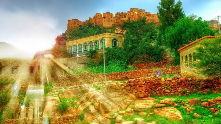 fabulous sun beams over hillside town hdr - hill, trees, town, beams, hdr, sunshine, stones