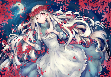 Red Petals - pretty, anime, Kagerou Project, female, dress, long hair, mary, nice, silver hair, anime girl, beautiful, girl, beauty, lovely, sweet, flower, petals, floral, lay, layimng