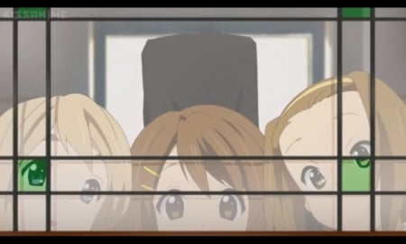 Peek a Boo - tainaka ritsu, anime, kawaii, female, window, ritsu tainaka, yui hirasawa, yui, k-on, peek, mugi, tsmugi kotobuki, look, kotobuki tsumugi, hirasawa yui, anime girl, kon, girl, ritsu, k on, tsumugi, hide, cute, adorable