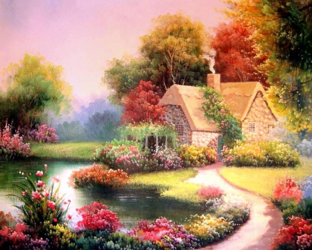 'Summer in the Morning' - trees, creative pre-made, cottages, lakes, architecture, paintings, bridges, splendid, attractions in dreams, summer, gardens, lovely, bright, love four seasons, gardens and parks, beautiful, flowers, lovely flowers