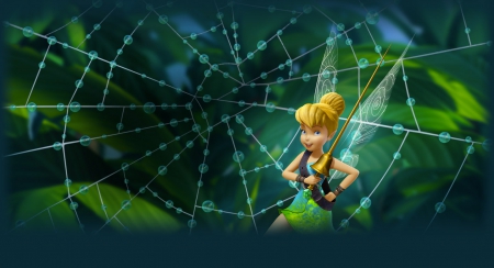 Tinker Bell - spider, blonde, tinker bell, web, fantasy, green, wings, movie, disney, The pirate fairy