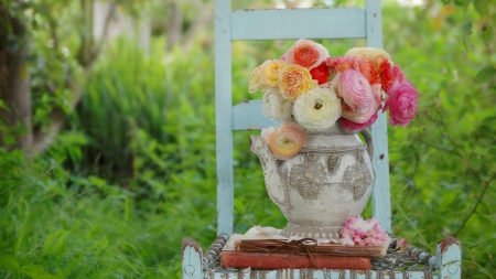 âœ¿âœ¿ - nature, chair, green, books, flowers, grass, yard