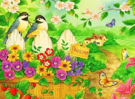 Gateway to friendship - blossoms, summer, beautiful, village, artwork, chickadees, birds, colorful, friendship, pretty, gateway, flowers, art, garden, butterflies, butterfly, freshness, houses, fence, friends, house, painting