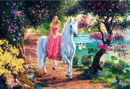 Riding the Unicorn - path, flowers, rabbits, artwork, woman, fairyland