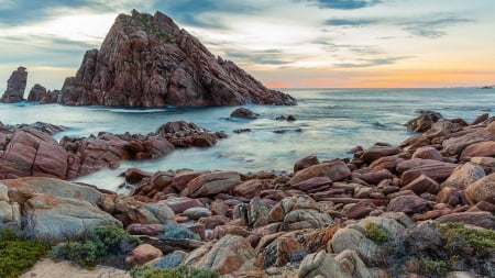 sugarloaf rock at seasore hdr - rocks, clouds, mound, sea, shore, hdr