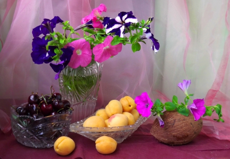 Still life - pretty, vase, cherries, delicate, fragrance, still life, harmony, flowers, beautifuil, scent, fruits