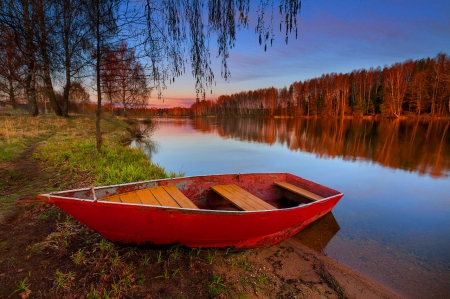 Lonely boat on the riverbank - lonely, summer, boat, landscape, reflection, calmness, shore, riverbank, lake, sky, branches, trees, beautiful, river, nature, tranquility, sunset, serenity