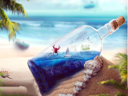 Ocean in a bottle - bottle, ocean, blue, sky