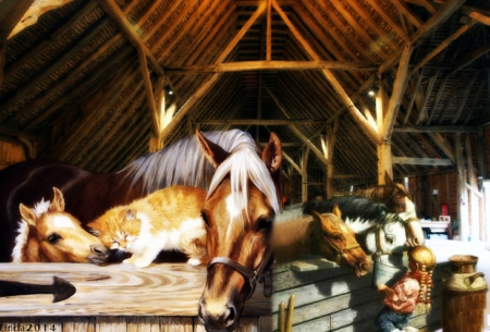 Cowgirls work is never done - cowgirl, horses, animals, barn