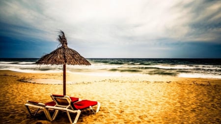 summer hdr - umbrella, summer, beach, hdr, lounges, waves, sea