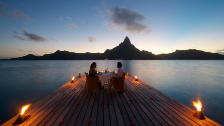 sunset table for two in bora bora - sunset, lights, table, chairs, sea, couple, pier