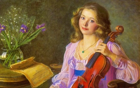 Music Lesson - woman, girl, wallpaper, fantasy, art, musician, beautiful, violin, digital