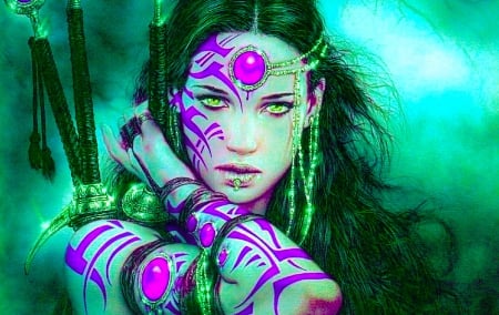 Warrior Woman - warrior, beautiful, girl, fantasy, purple, green, digital, woman, art, wallpaper