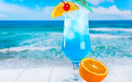 ice blue cocktail - summer, blue, beach, cocktail, SkyPhoenixX1, holiday, paradise, sky, clouds, abstract, drinks, vacation, photography, sea, orange, ocean, ice, waves